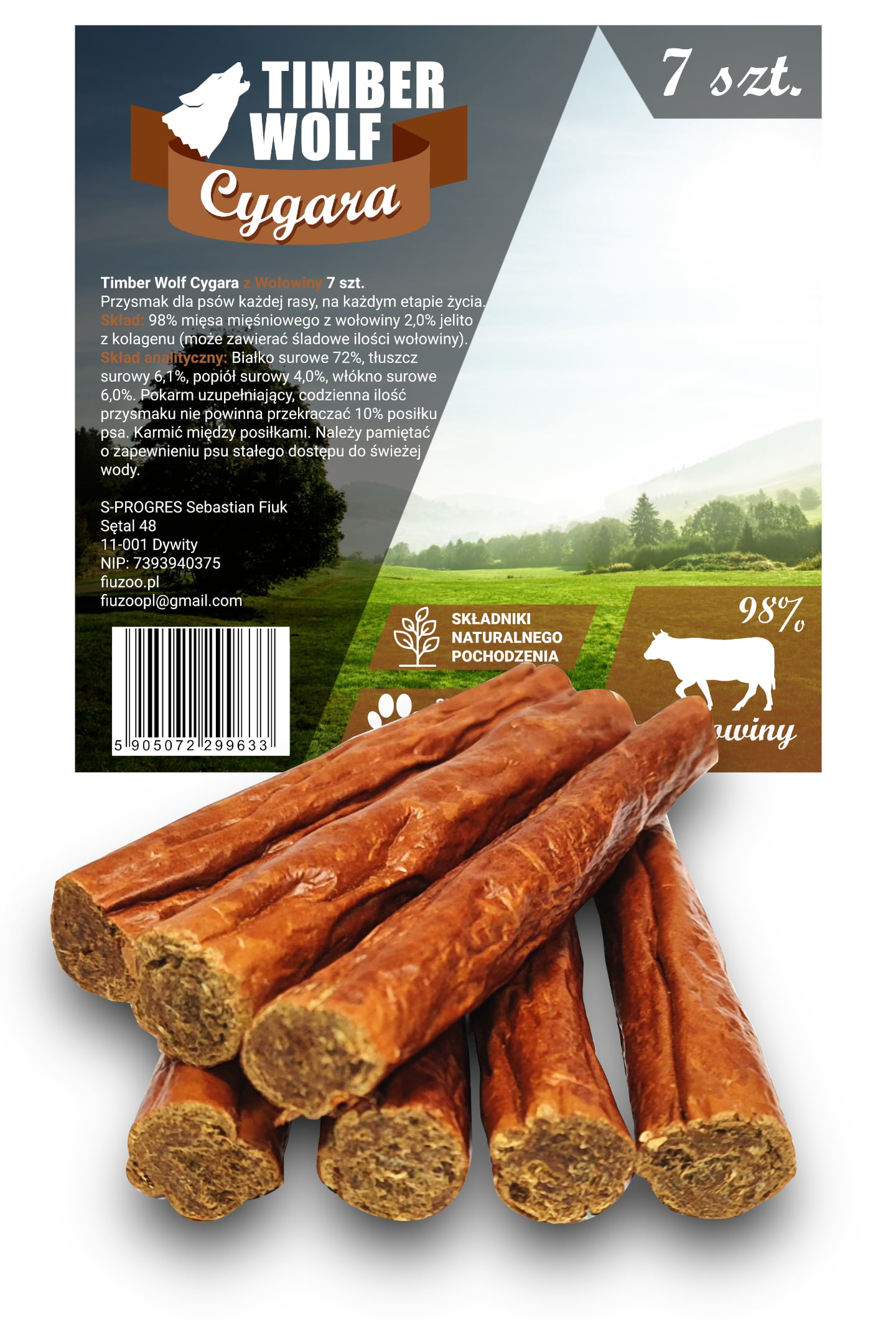 Timber Wolf Naturalne Cygara z Wołowiny 7 szt. 98%