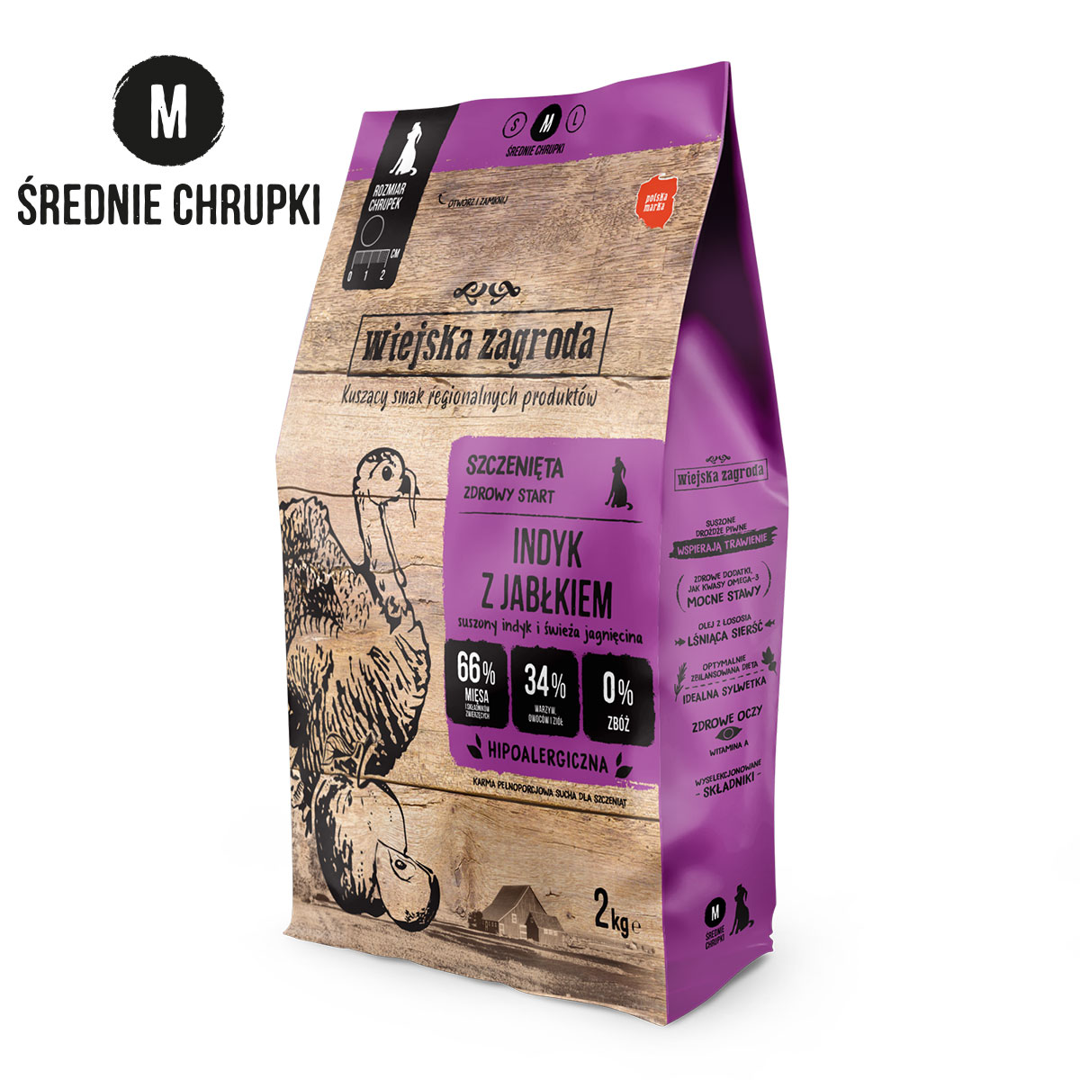 Wiejska Zagroda Indyk z Jabłkiem dla Szczeniąt 2kg chrupki M