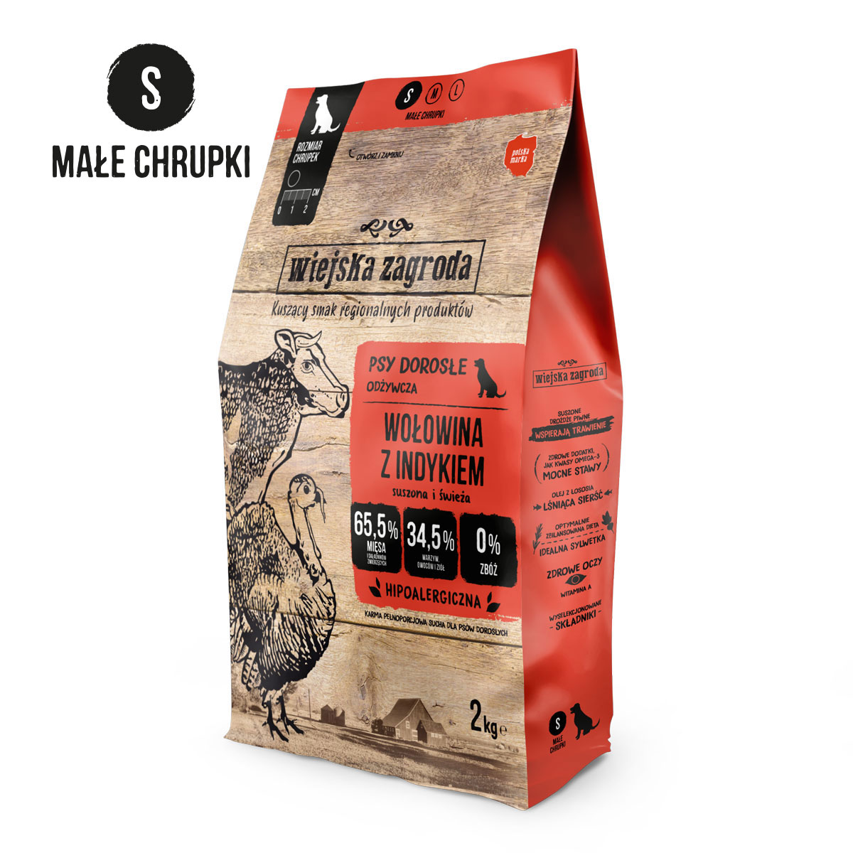 Wiejska Zagroda Wołowina z Indykiem 2kg chrupki S dla małych ras